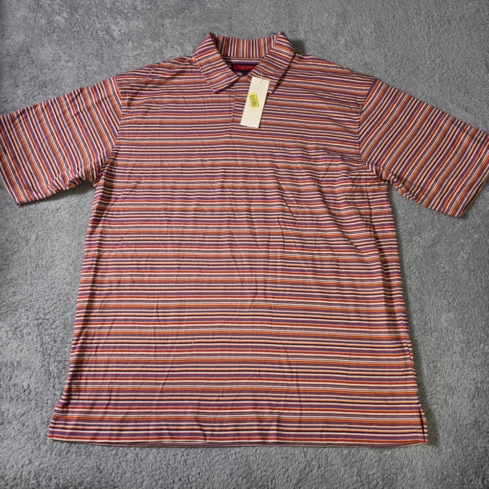 Austin Reed Mens Large Polo Shirt Red Earth Multi Stripe Cotton Short Sleeve NEW